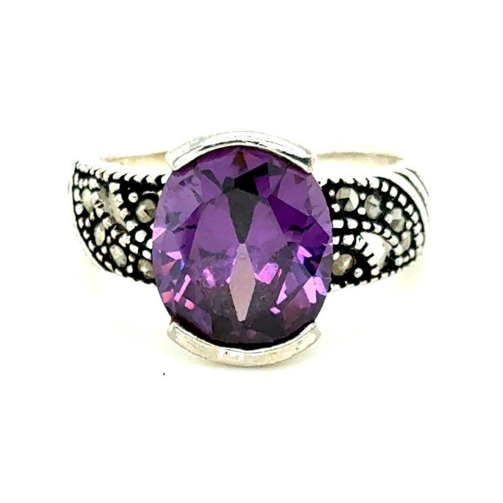 925 Silver Single Amethyst/Marcasite Ring